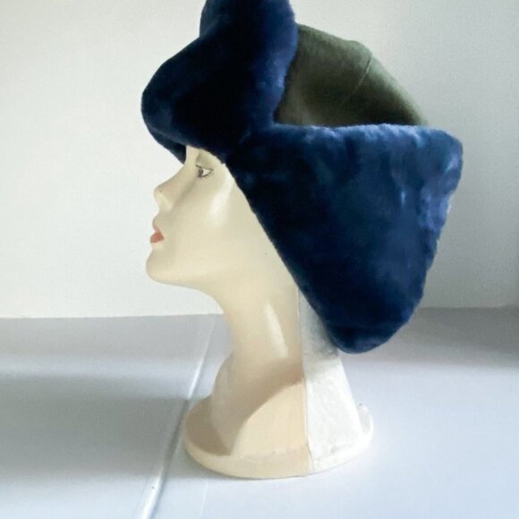 Vintage  Eastern European Army Green Wool Blue Fur Deatil Militray Flight Hat M - Picture 7 of 9